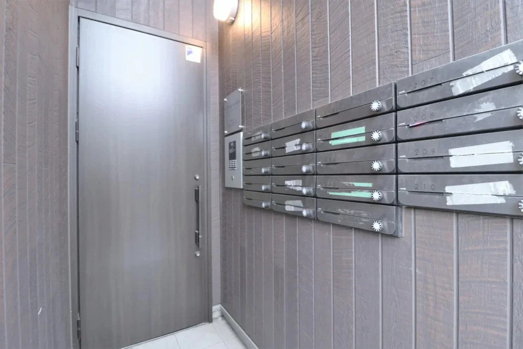 Mailboxes and entrance door